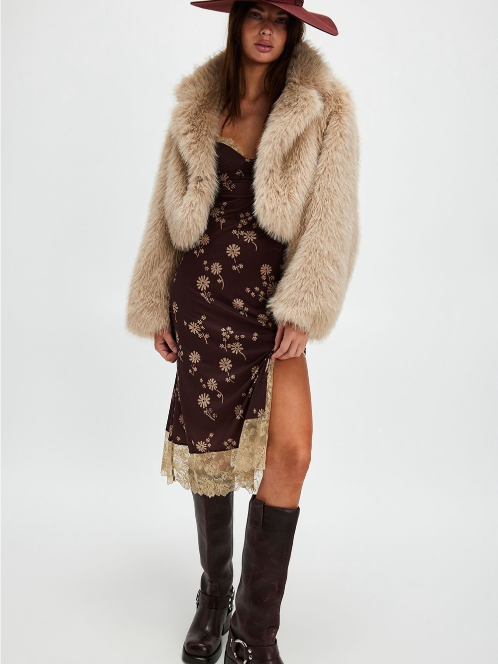Free People Party Crasher Brown Floral Lace-Trim Slip Midi Dress XL - Picture 4 of 6